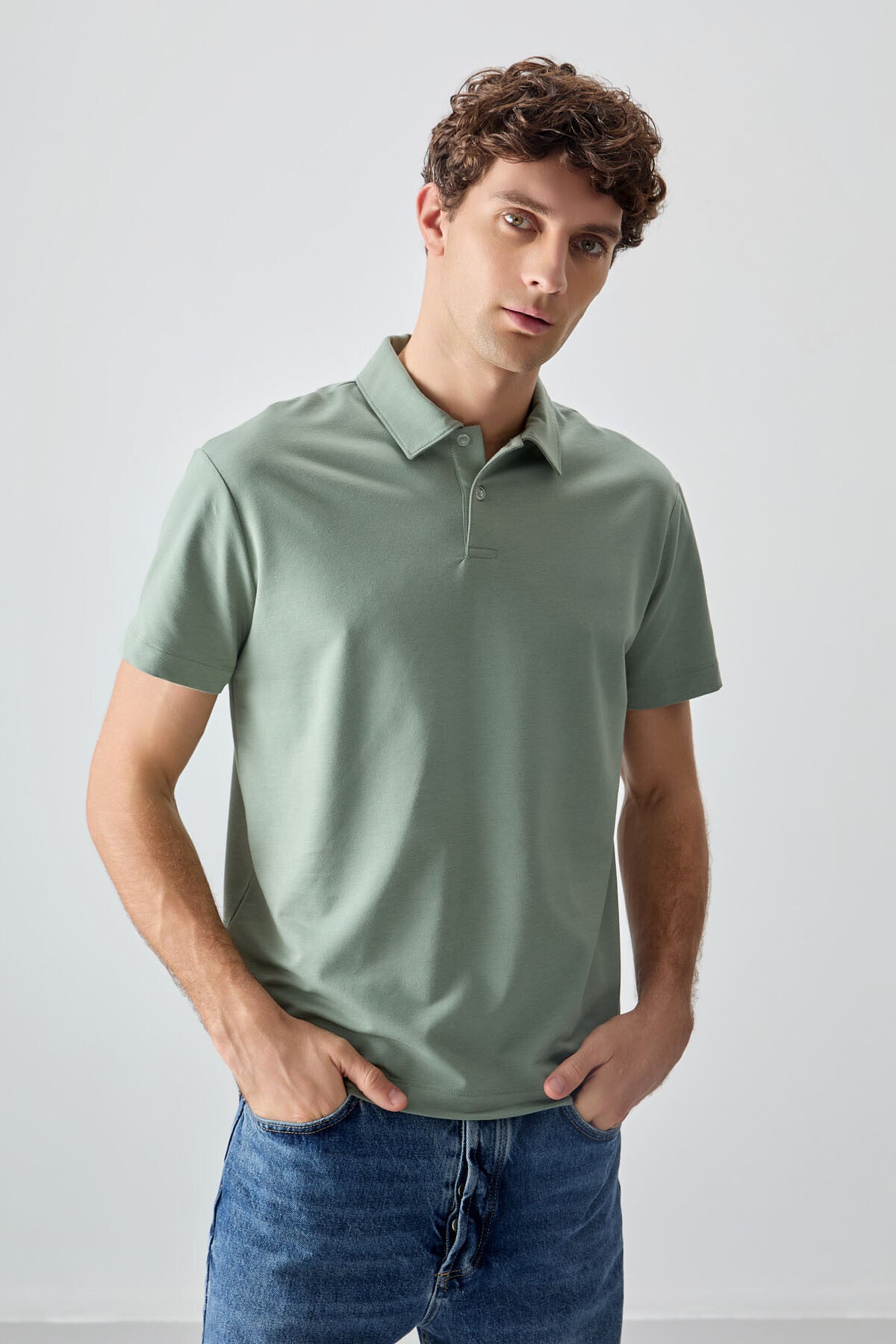 Light green cotton thick soft woven polo collar oversize fit basic men t-shirt - 88381