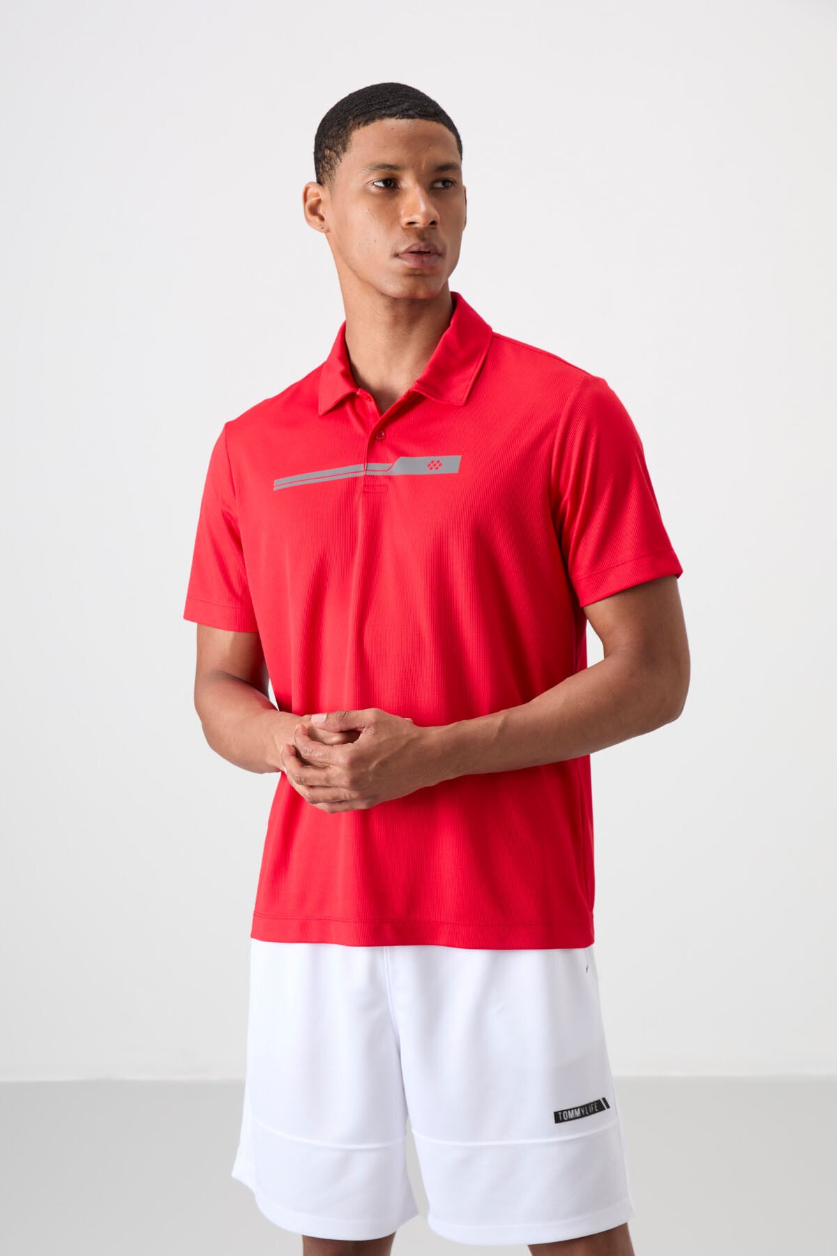 Red Polyester Breathable Textured Thin Flexible Standard Fit Polo Collar Men's Performance T-Shirt - 88393