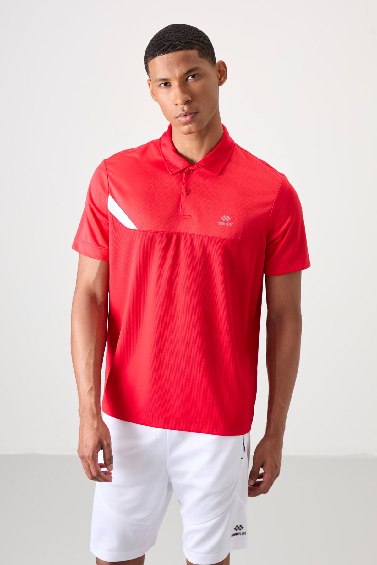 Red Polyester Breathable Textured Thin Flexible Standard Fit Polo Collar Men's Performance T-Shirt - 88402