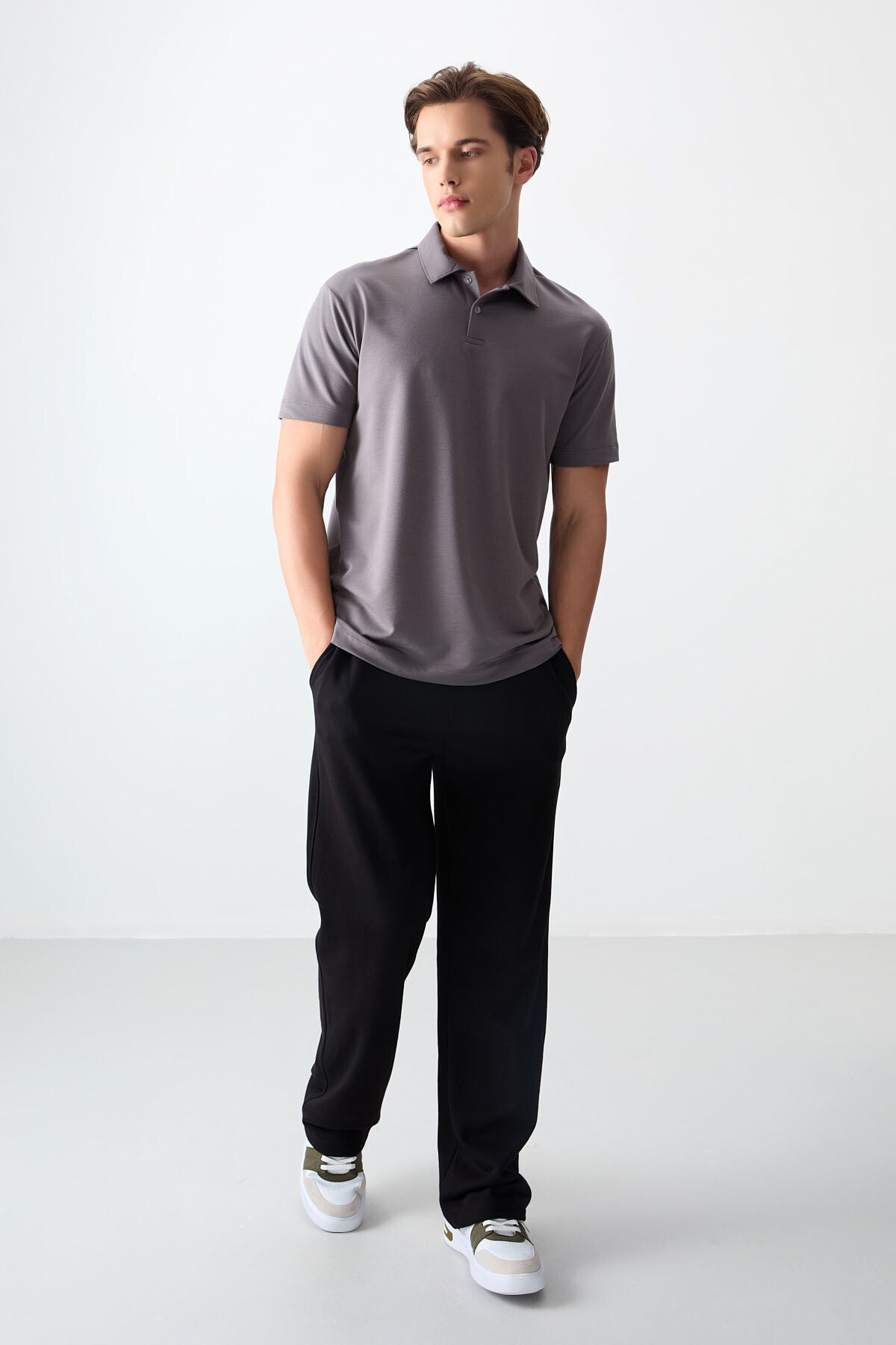 Dark Grey Cotton Thick Soft Textured Polo Collar Oversize Fit Basic Men's T-Shirt - 88381