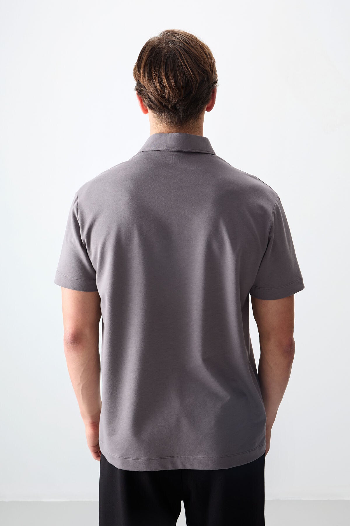 Dark Grey Cotton Thick Soft Textured Polo Collar Oversize Fit Basic Men's T-Shirt - 88381