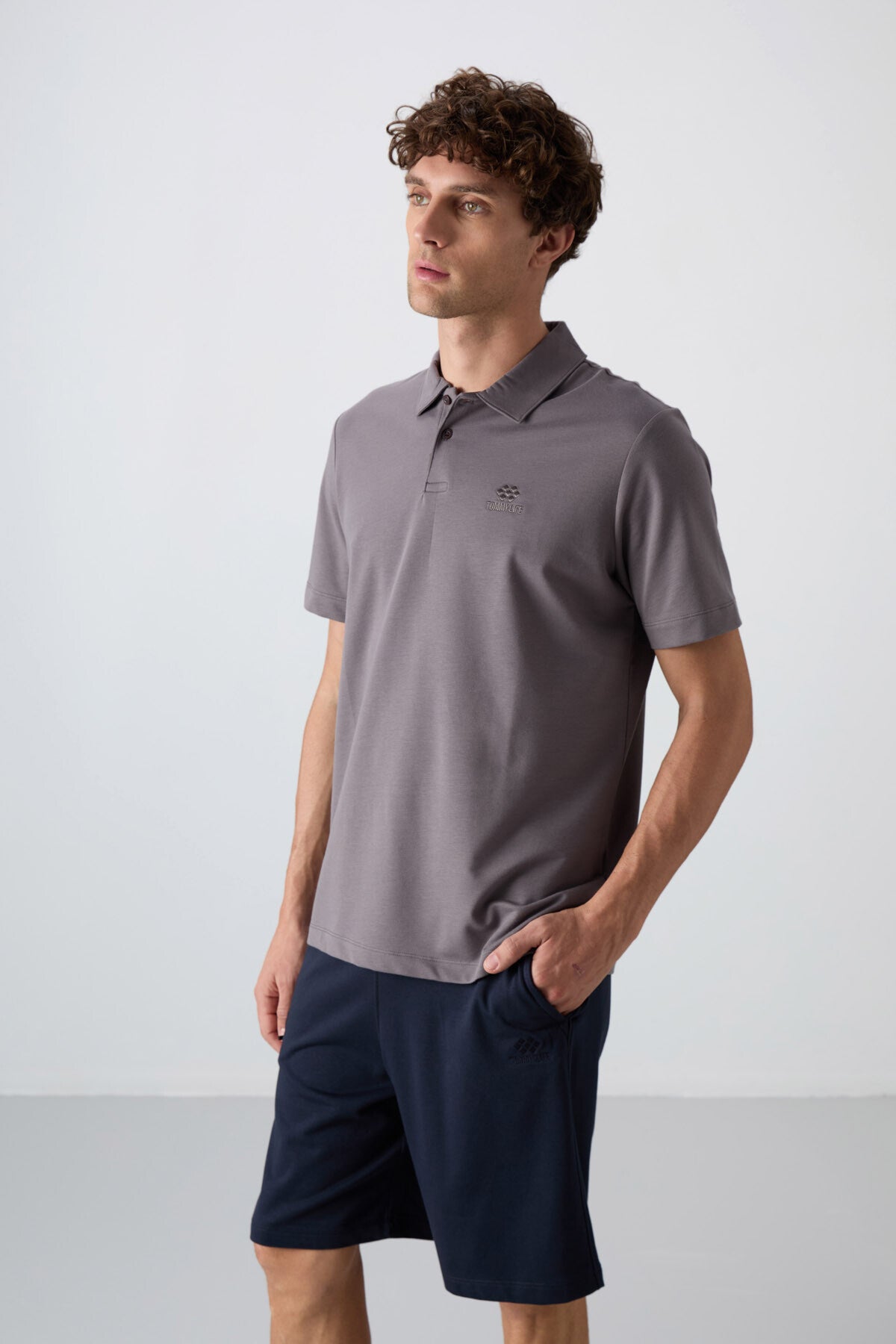 Dark Grey Cotton Thick Soft Textured Standard Fit Basic Polo Collar Men's T-Shirt - 88348