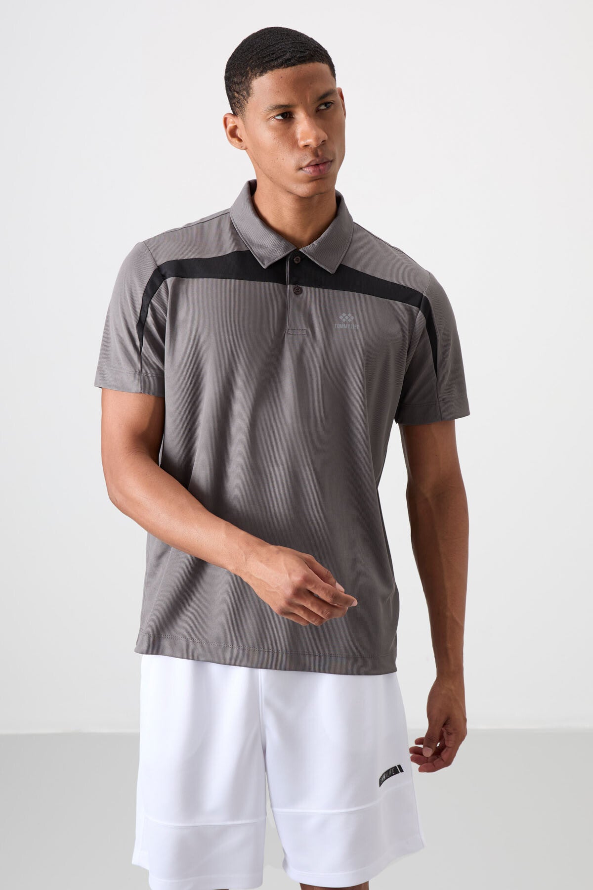 Dark Grey Polyester Breathable Textured Thin Flexible Standard Fit Polo Collar Men's Performance T-Shirt - 88392
