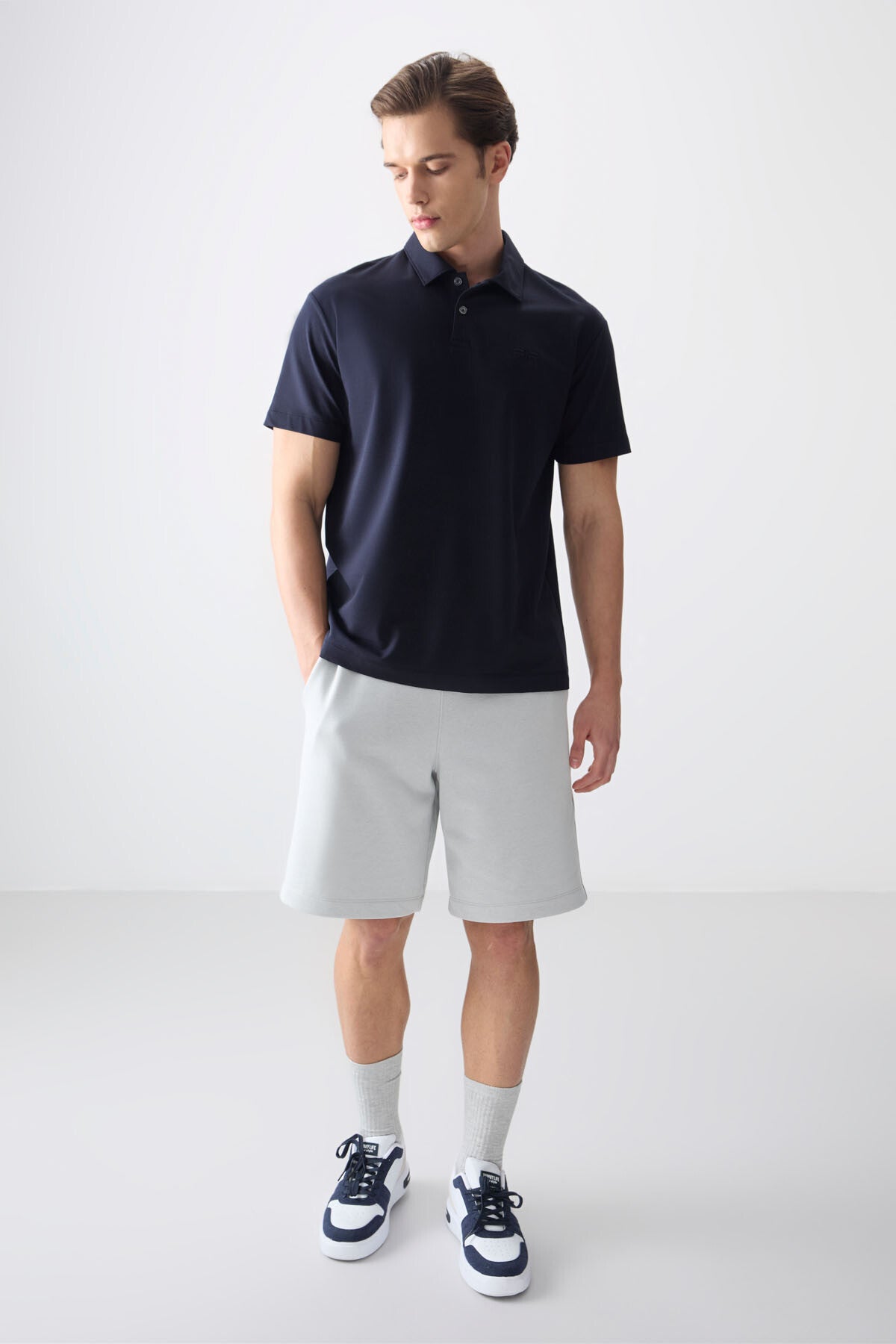 Navy Blue Cotton Thick Soft Textured Polo Collar Oversize Fit Basic Men's T-Shirt - 88381