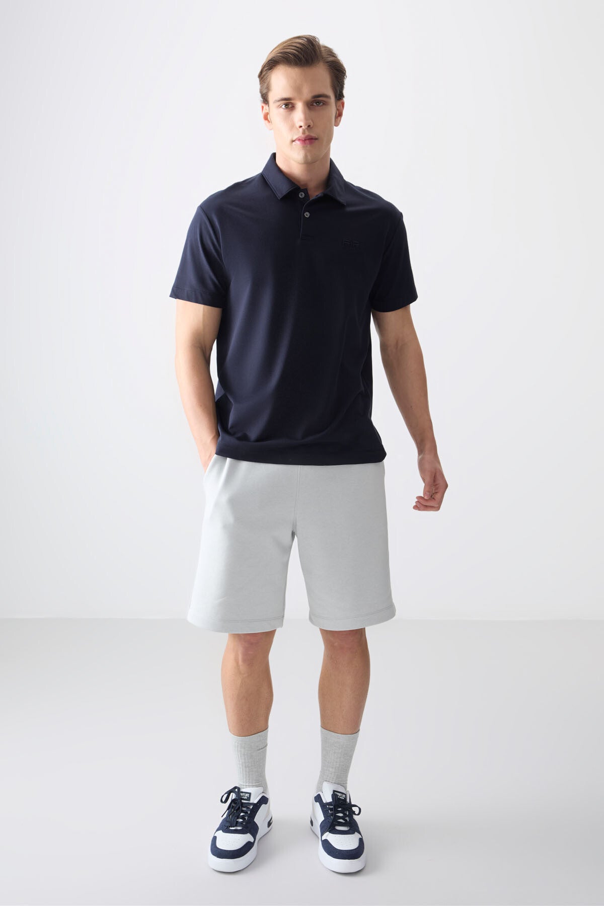 Navy Blue Cotton Thick Soft Textured Polo Collar Oversize Fit Basic Men's T-Shirt - 88381