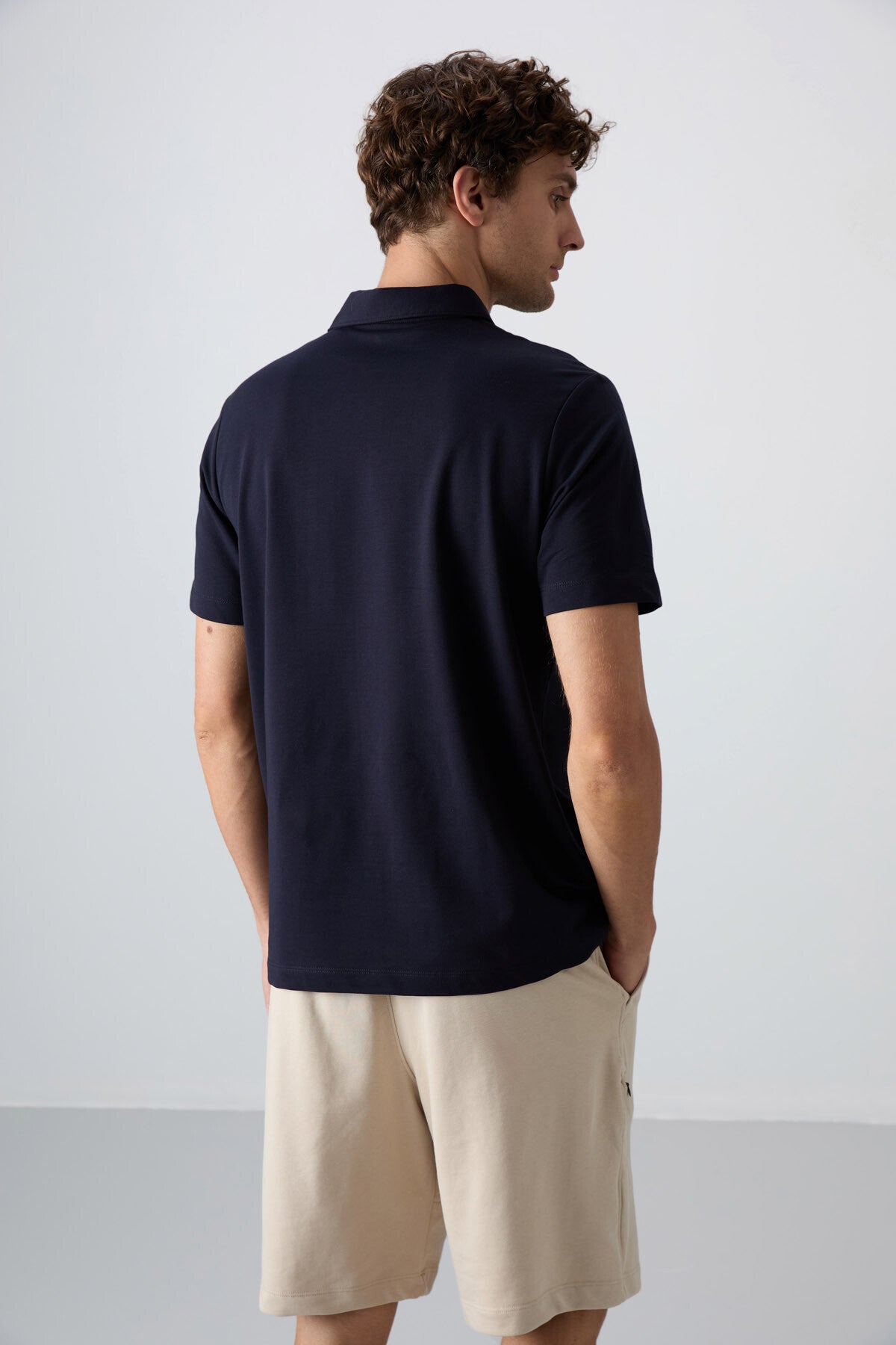 Navy Blue Cotton Thick Soft Textured Standard Fit Basic Polo Collar Men's T-Shirt - 88348