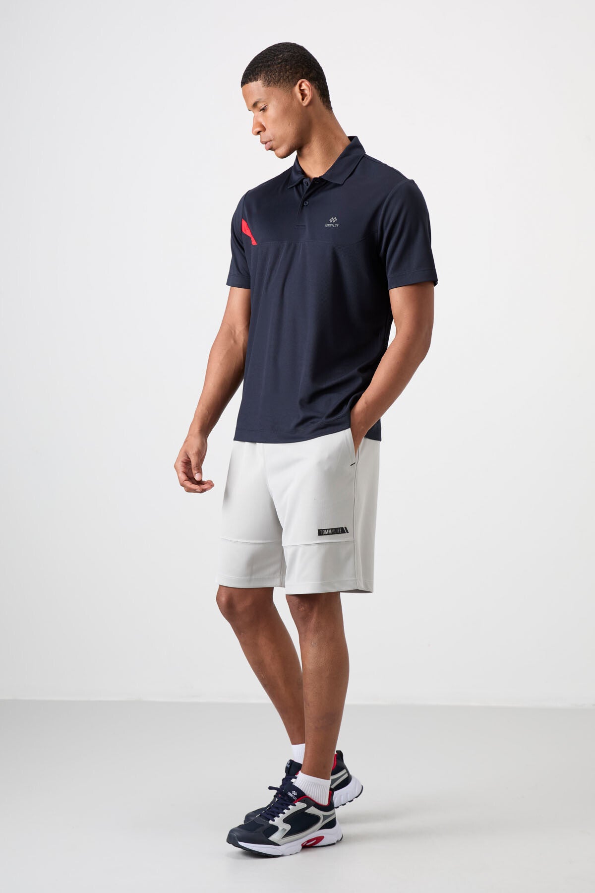 Navy Blue Polyester Breathable Textured Thin Flexible Standard Fit Polo Collar Men's Performance T-Shirt - 88402