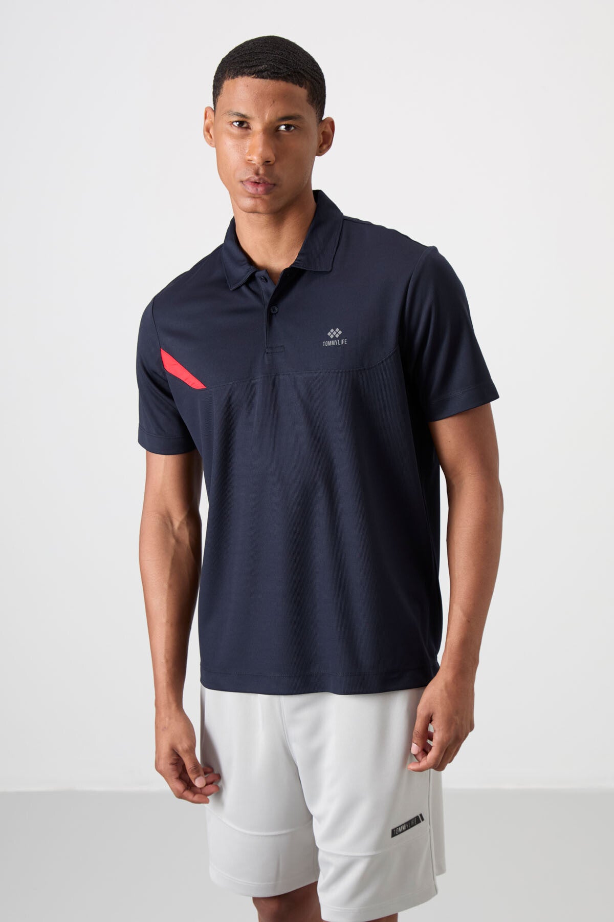 Navy Blue Polyester Breathable Textured Thin Flexible Standard Fit Polo Collar Men's Performance T-Shirt - 88402