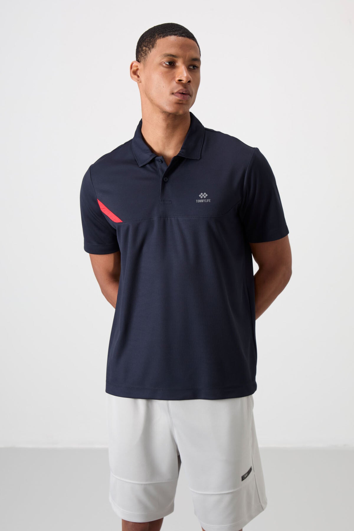 Navy Blue Polyester Breathable Textured Thin Flexible Standard Fit Polo Collar Men's Performance T-Shirt - 88402