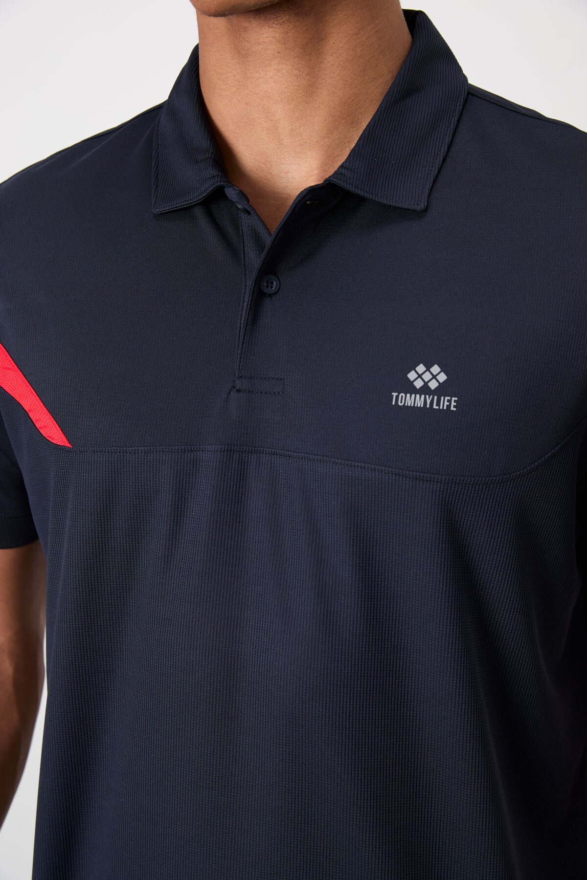 Navy Blue Polyester Breathable Textured Thin Flexible Standard Fit Polo Collar Men's Performance T-Shirt - 88402