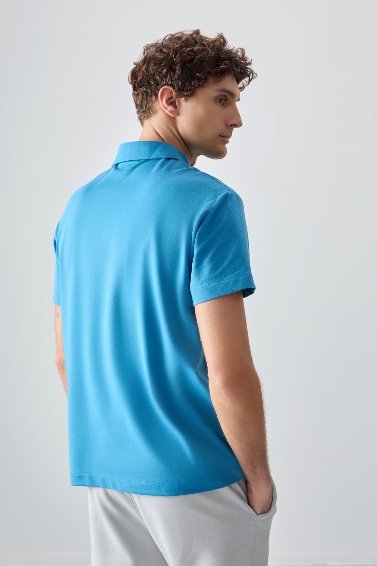 Blue Cotton Thick Soft Textured Polo Collar Oversize Fit Basic Men's T-Shirt - 88381