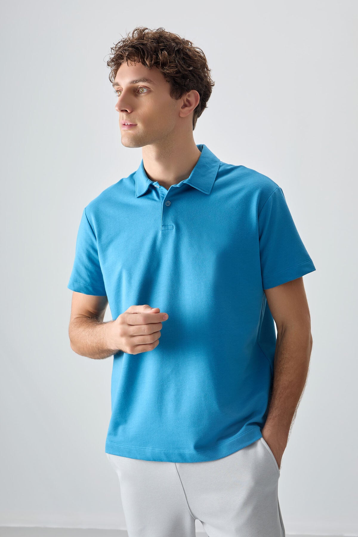 Blue Cotton Thick Soft Textured Polo Collar Oversize Fit Basic Men's T-Shirt - 88381