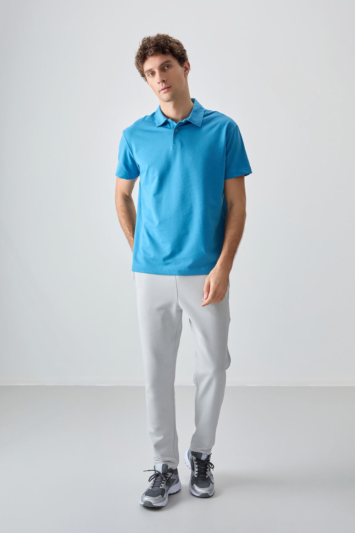 Blue Cotton Thick Soft Textured Polo Collar Oversize Fit Basic Men's T-Shirt - 88381