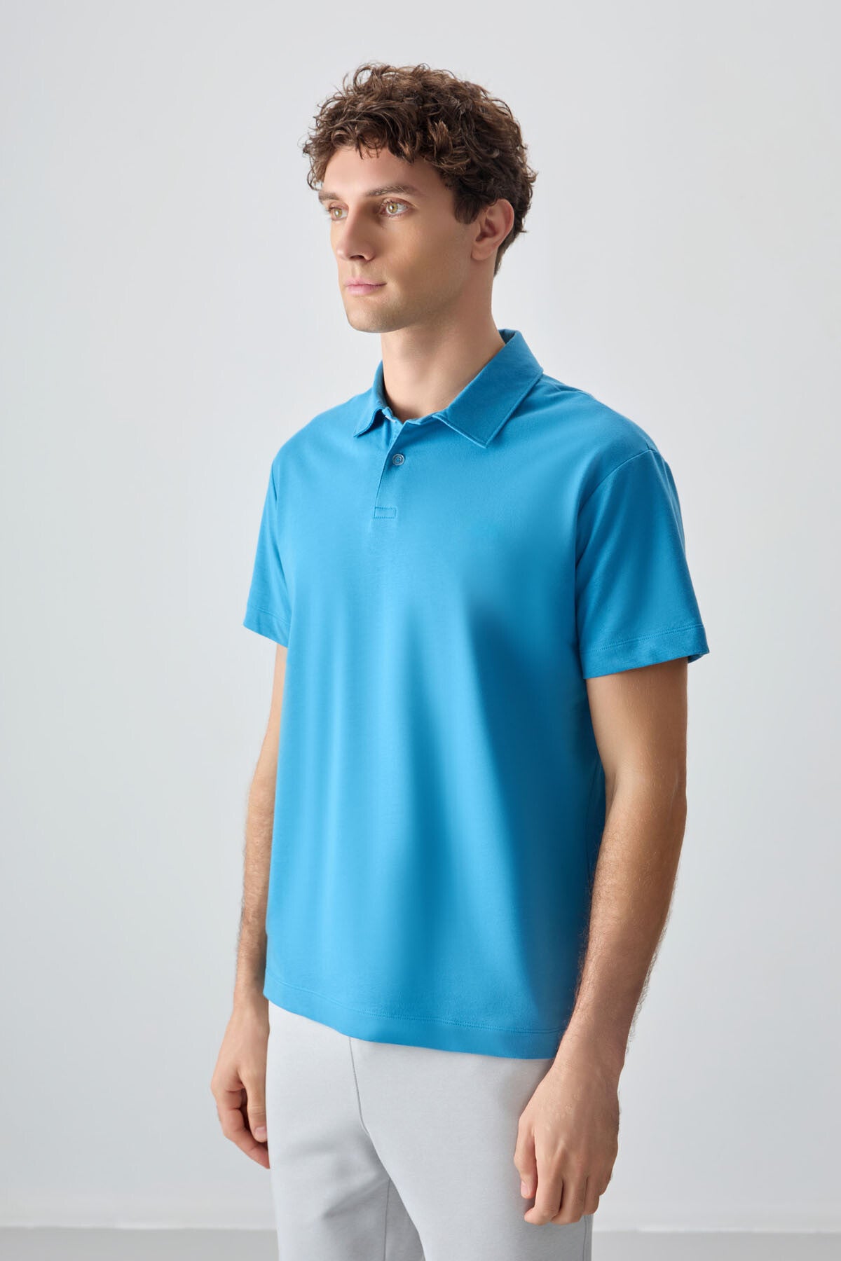 Blue Cotton Thick Soft Textured Polo Collar Oversize Fit Basic Men's T-Shirt - 88381