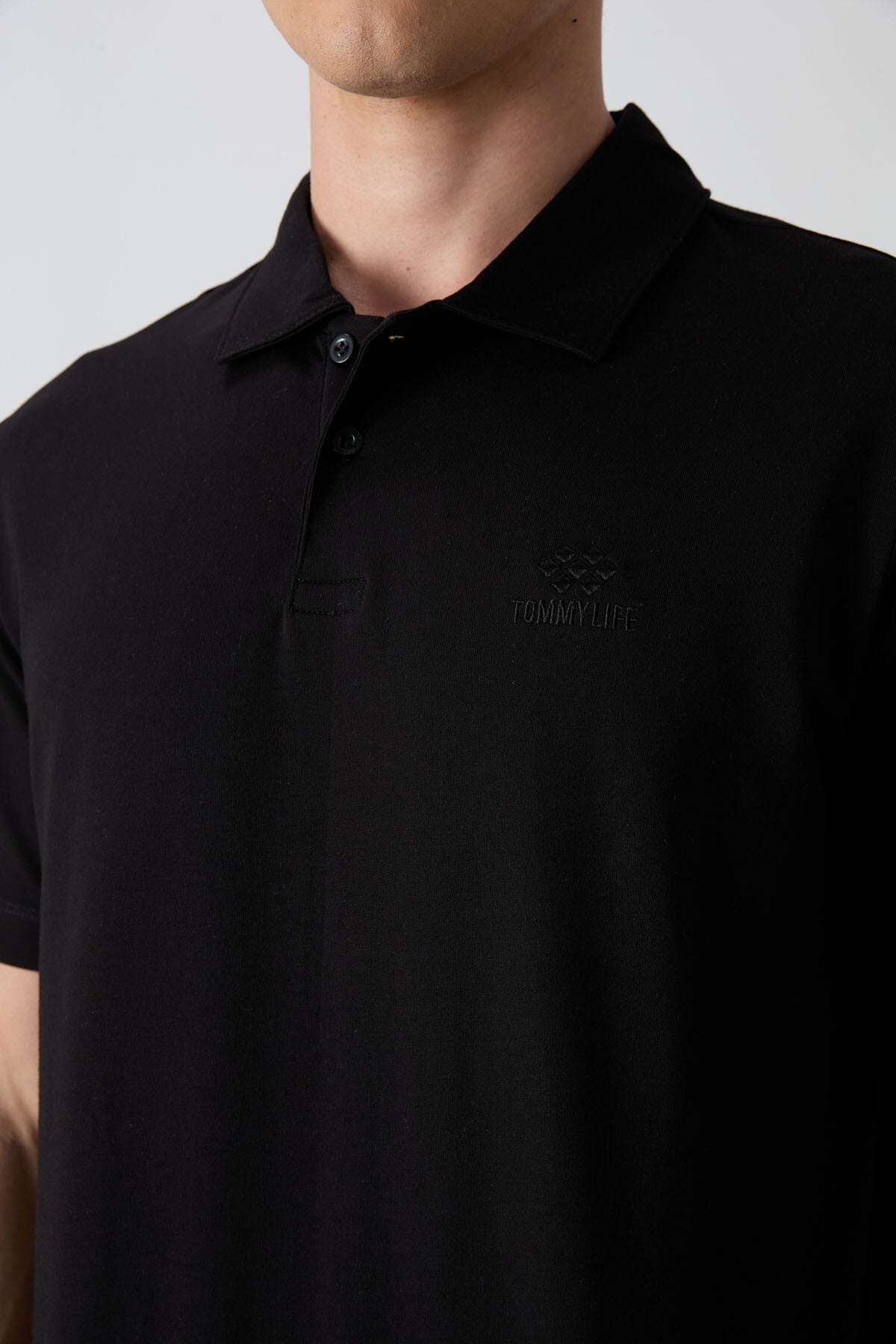 Black Cotton Thick Soft Textured Standard Fit Basic Polo Collar Men's T-Shirt - 88348