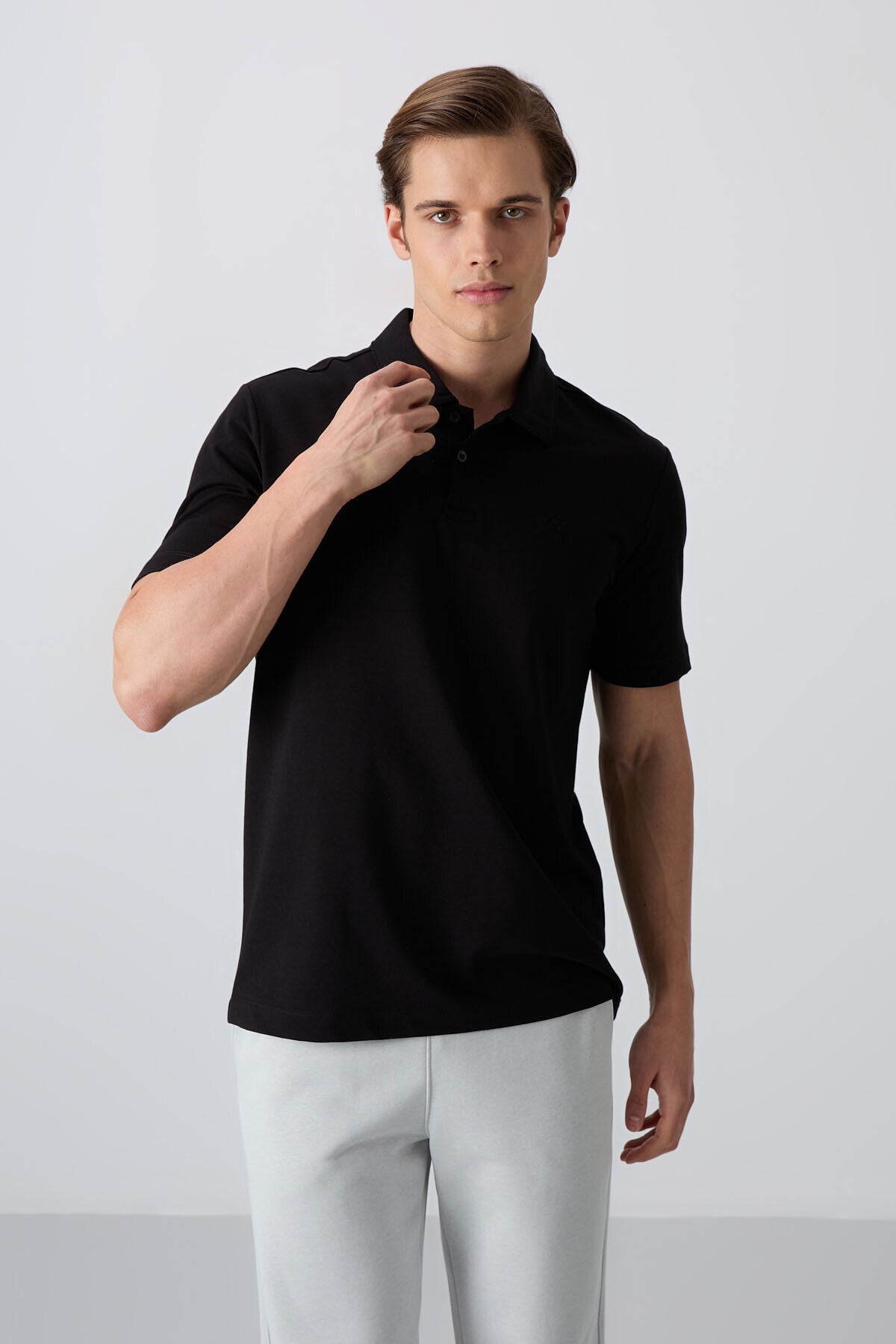 Black Cotton Thick Soft Textured Standard Fit Basic Polo Collar Men's T-Shirt - 88348