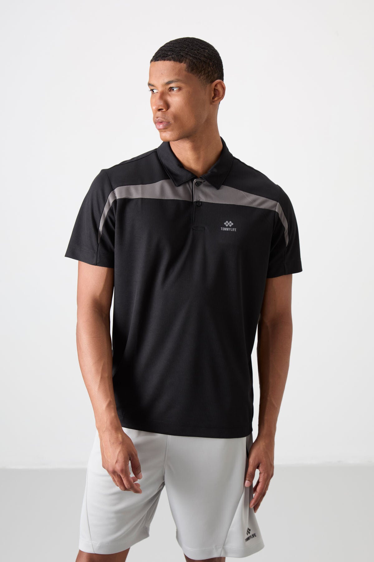 Black Polyester Breathable Textured Thin Flexible Standard Fit Polo Collar Men's Performance T-Shirt - 88392