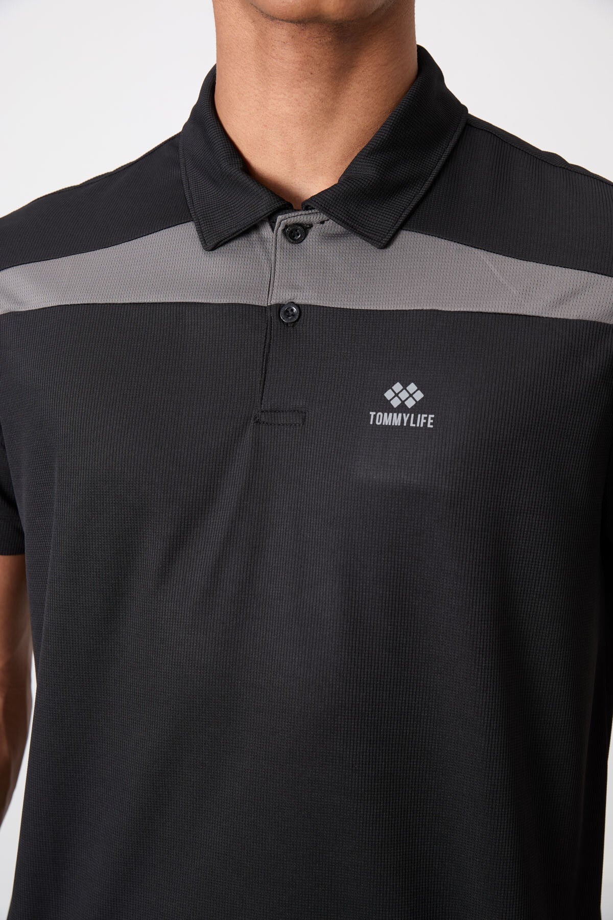 Black Polyester Breathable Textured Thin Flexible Standard Fit Polo Collar Men's Performance T-Shirt - 88392