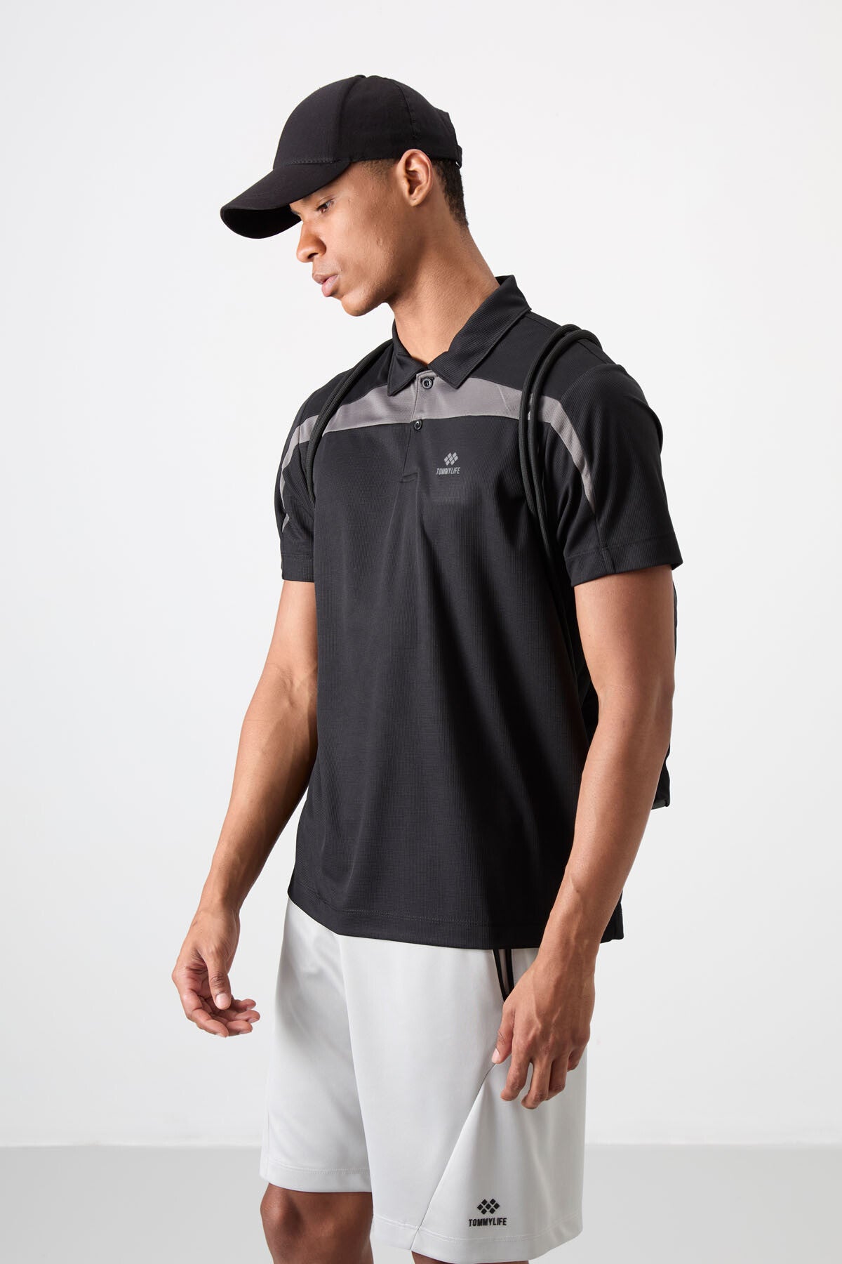 Black Polyester Breathable Textured Thin Flexible Standard Fit Polo Collar Men's Performance T-Shirt - 88392