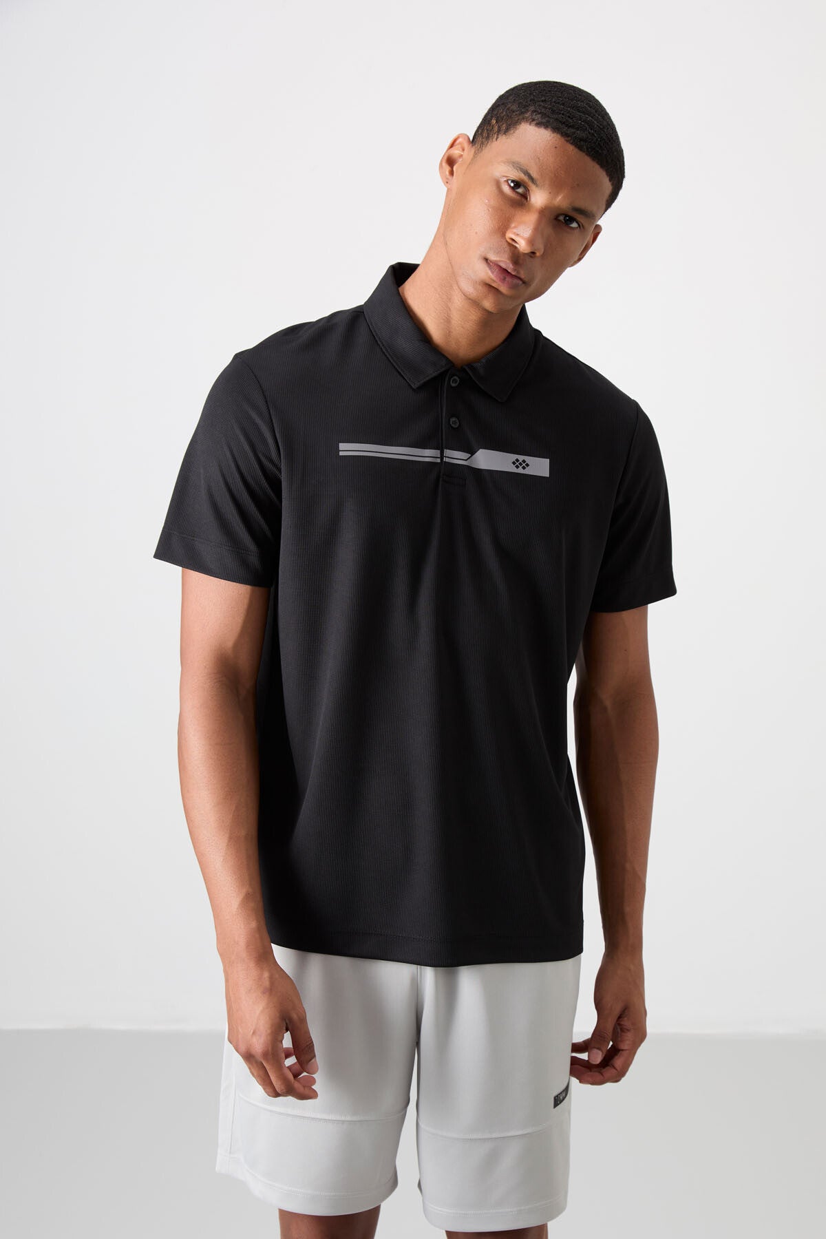 Black Polyester Breathable Textured Thin Flexible Standard Fit Polo Collar Men's Performance T-Shirt - 88393
