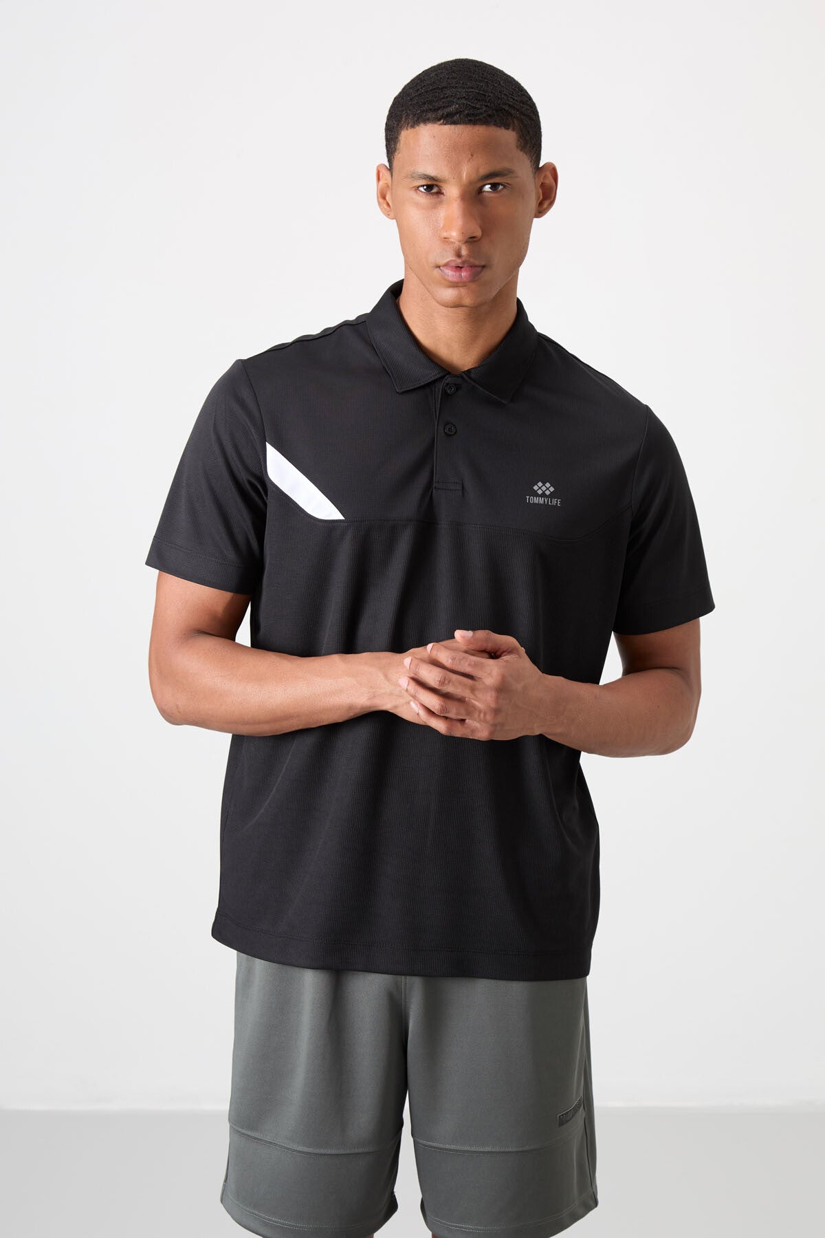 Black Polyester Breathable Textured Thin Flexible Standard Fit Polo Collar Men's Performance T-Shirt - 88402