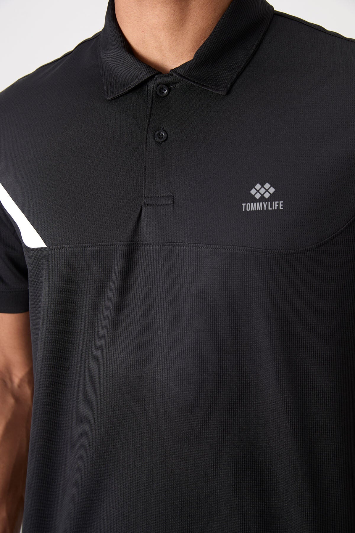 Black Polyester Breathable Textured Thin Flexible Standard Fit Polo Collar Men's Performance T-Shirt - 88402