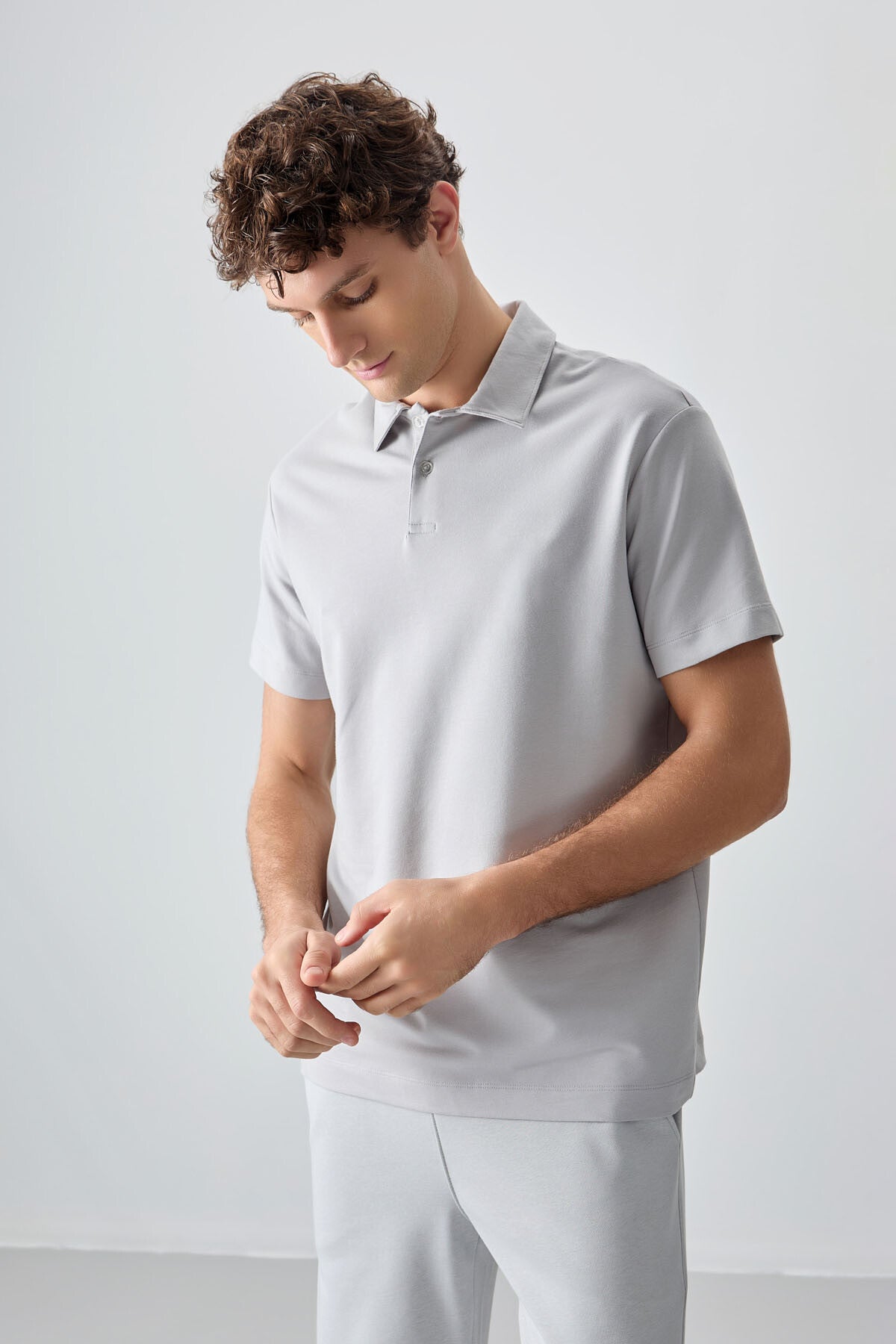 Stone Cotton Thick Soft Textured Polo Collar Oversize Fit Basic Men's T-Shirt - 88381