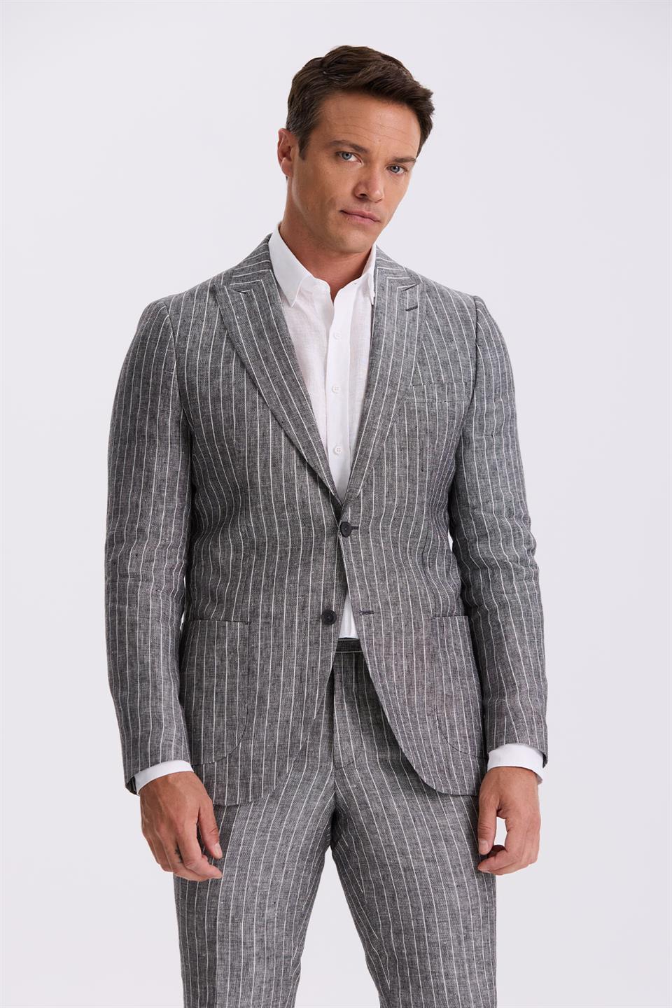 Black Slim Fit Squirrel Collar 100% Linen Sports Suit With A Double Tear