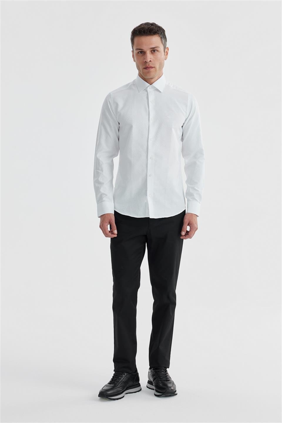White Slim Fit Patterned Cotton Shirt