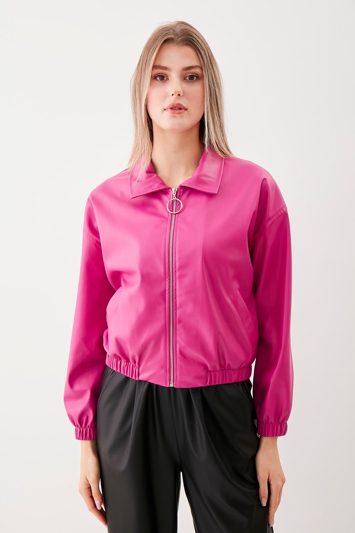 ZIPPERED BOMBER FAUX LEATHER JACKET