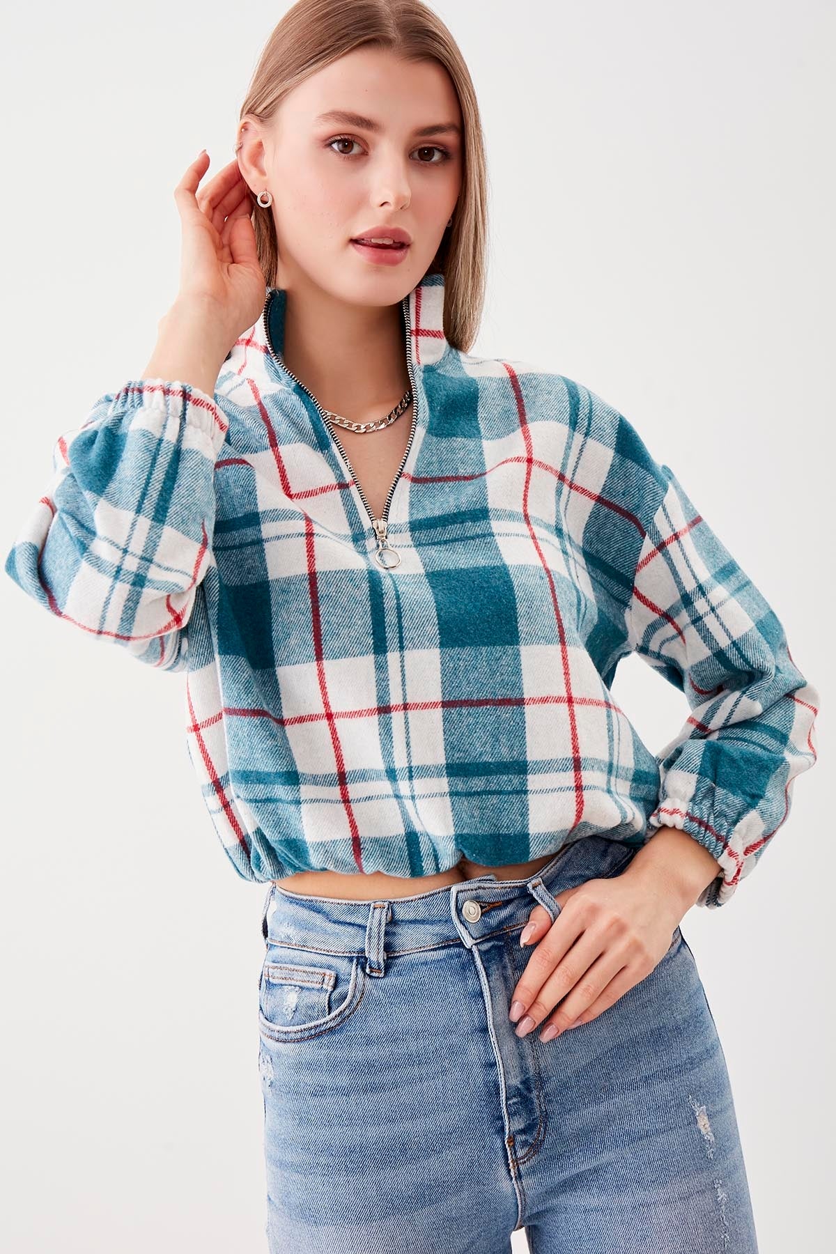 STEEP COLLAR PLAID DESEN SWEAT WITH ZIPPER