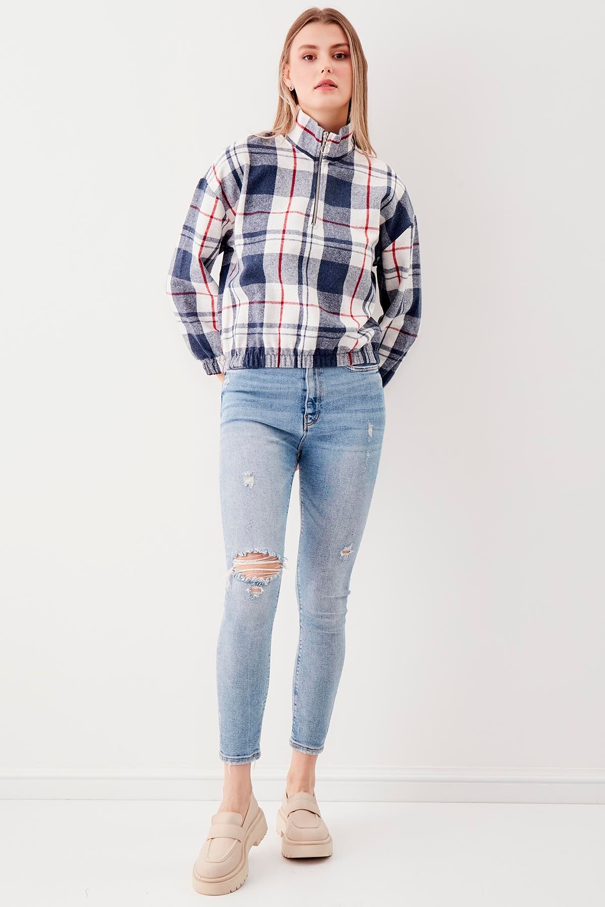 STEEP COLLAR PLAID DESEN SWEAT WITH ZIPPER