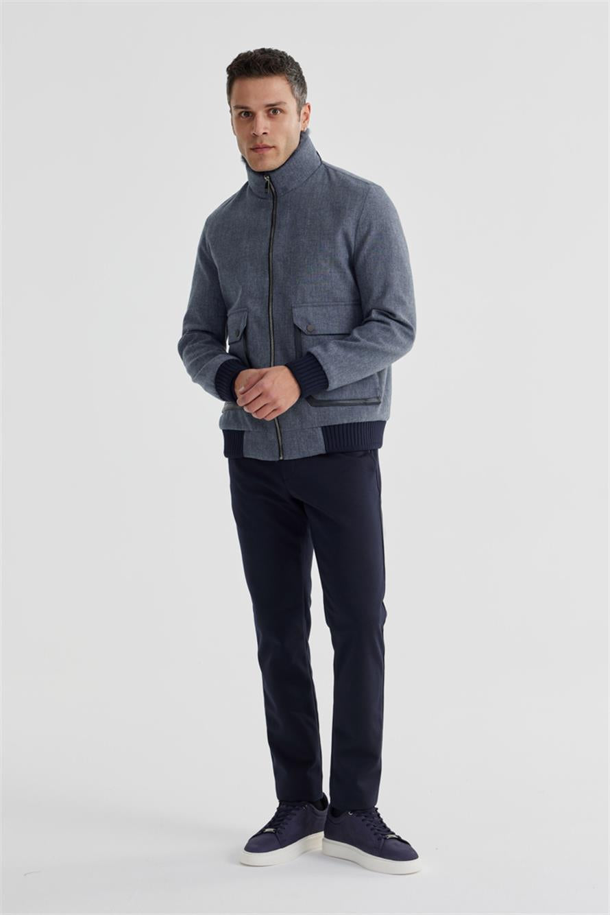 Navy Comfort Fit Furry Collar Woolly Jacket