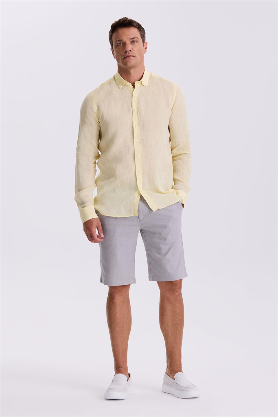 Yellow 100% Linen Collar Comfort Fit Shirt With Buttons