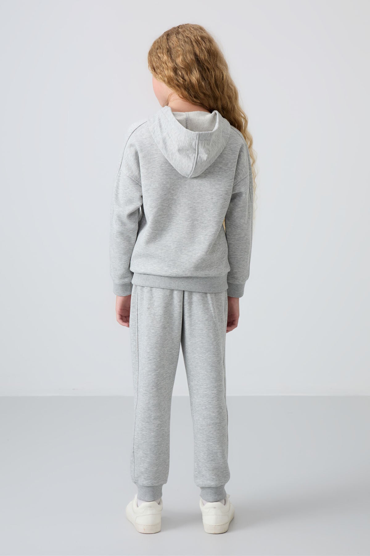 Grey Melange Cotton Lined Fleece Soft Textured Standard Fit Embroidered Girl's Tracksuit Set - 75148