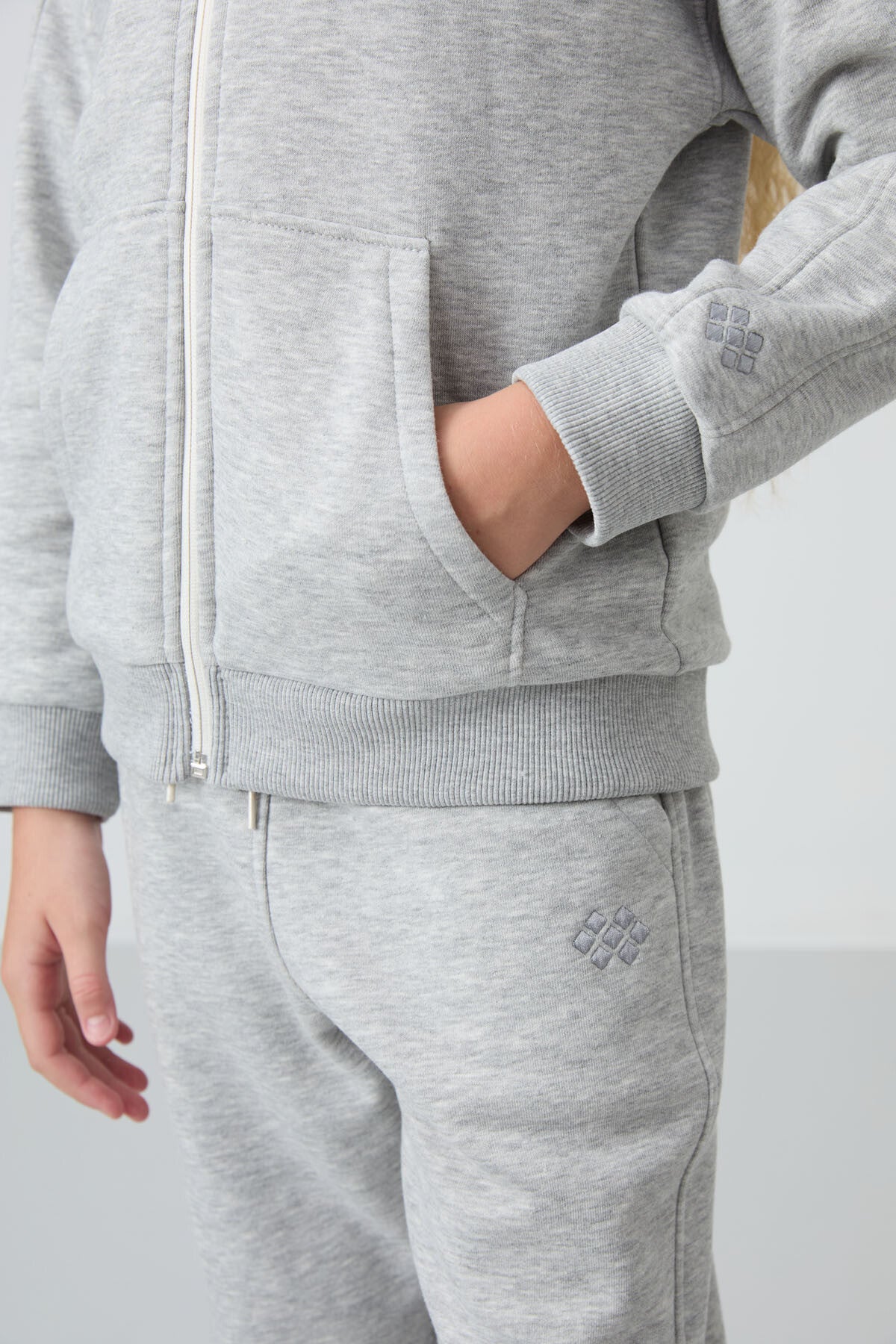 Grey Melange Cotton Lined Fleece Soft Textured Standard Fit Embroidered Girl's Tracksuit Set - 75148