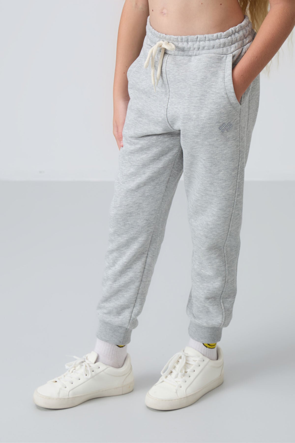 Grey Melange Cotton Lined Fleece Soft Textured Standard Fit Embroidered Girl's Tracksuit Set - 75148
