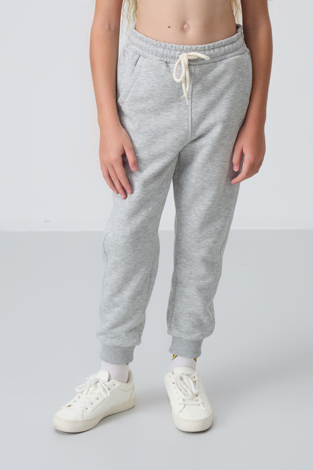 Grey Melange Cotton Lined Fleece Soft Textured Standard Fit Embroidered Girl's Tracksuit Set - 75148