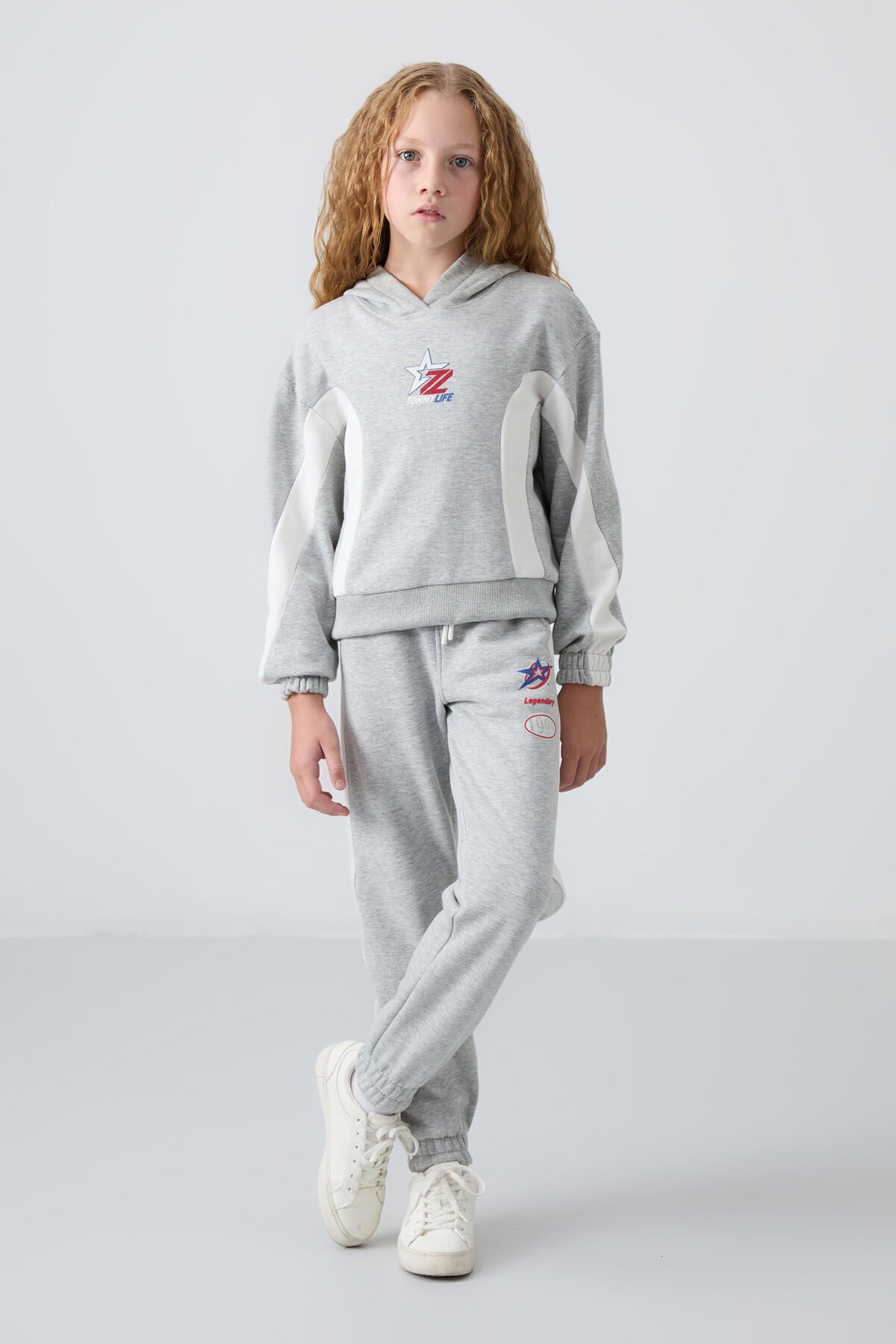 Grey Melange Cotton Fleece-Lined Soft Textured Standard Fit Printed Girls' Tracksuit Set - 75166