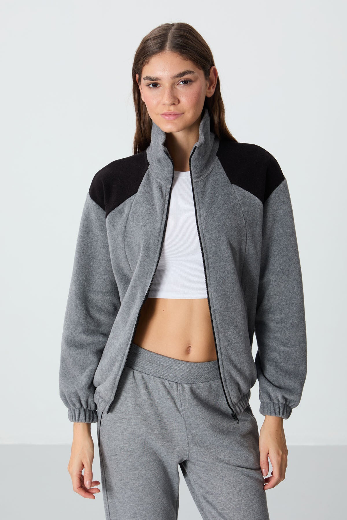 Grey Melange Thick Soft Textured High Collar Oversize Embroidered Fleece Women's Sweatshirt - 97293