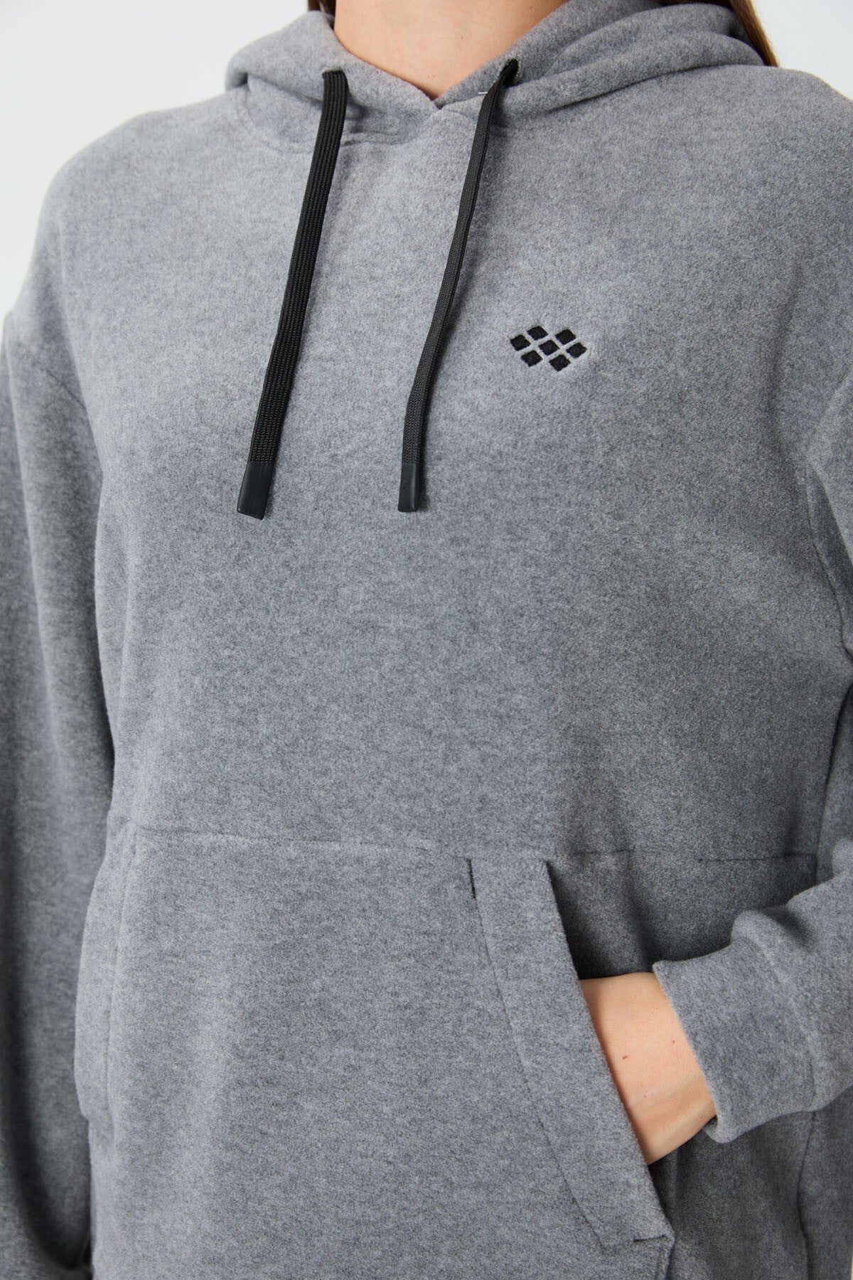 Grey Melange Thick Soft Textured Hooded Oversize Embroidered Fleece Women's Sweatshirt - 97292