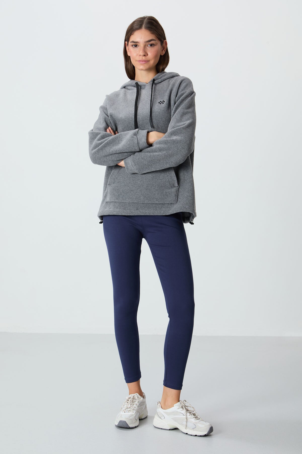 Grey Melange Thick Soft Textured Hooded Oversize Embroidered Fleece Women's Sweatshirt - 97292
