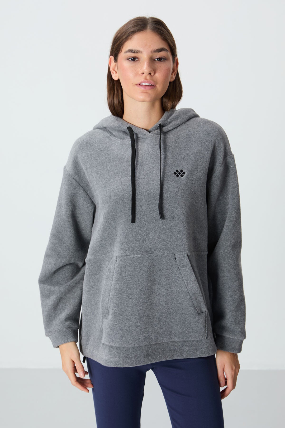 Grey Melange Thick Soft Textured Hooded Oversize Embroidered Fleece Women's Sweatshirt - 97292