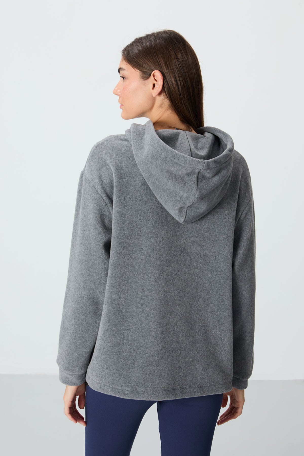 Grey Melange Thick Soft Textured Hooded Oversize Embroidered Fleece Women's Sweatshirt - 97292