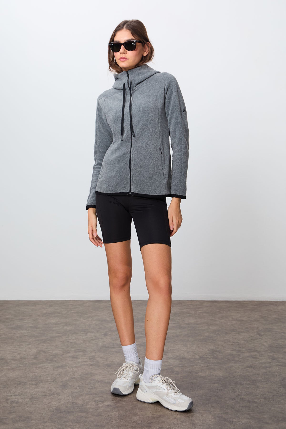 Grey Melange Thick Soft Textured Hooded Standard Fit Embroidered Fleece Women's Sweatshirt -97287