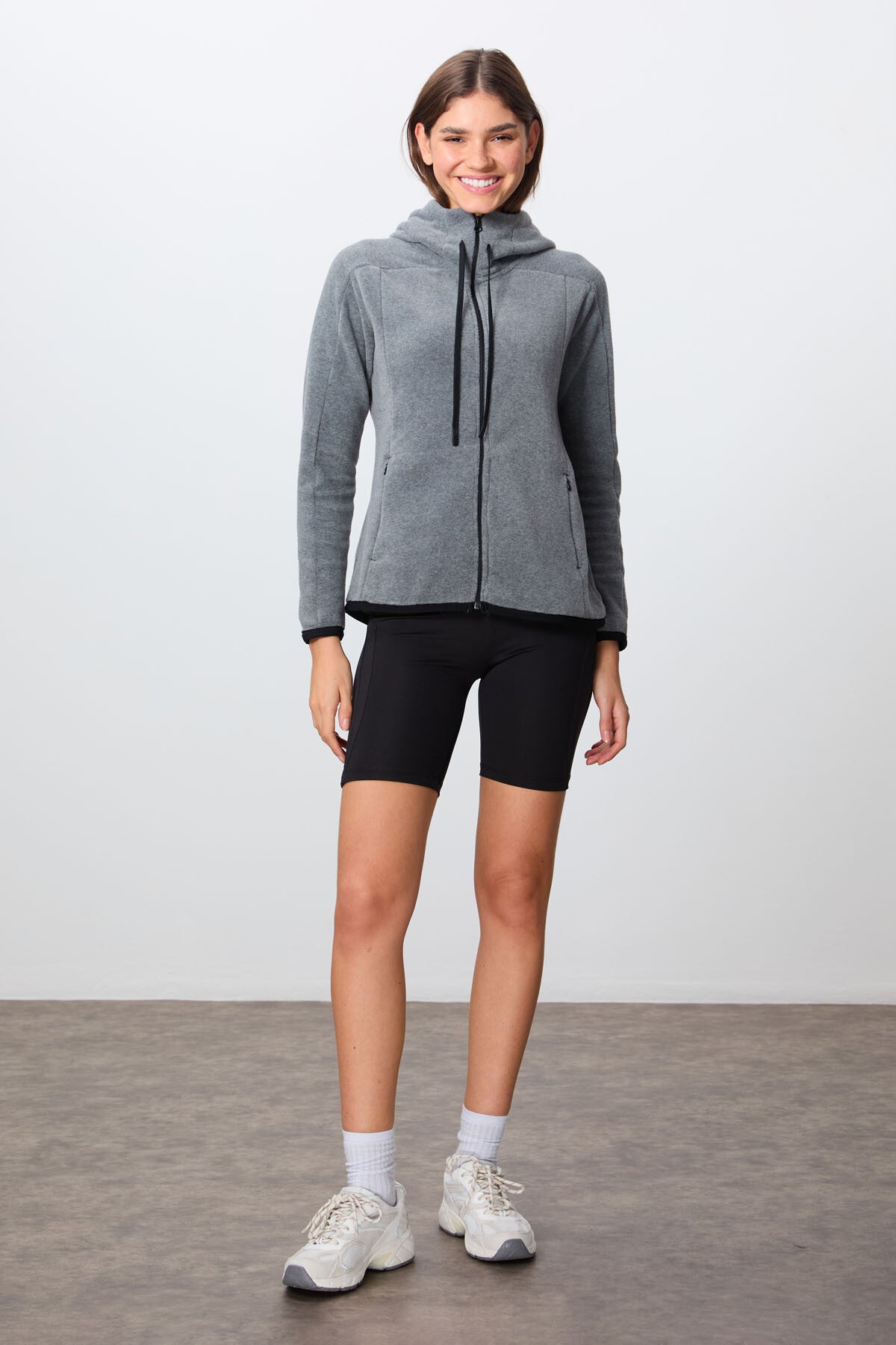 Grey Melange Thick Soft Textured Hooded Standard Fit Embroidered Fleece Women's Sweatshirt -97287
