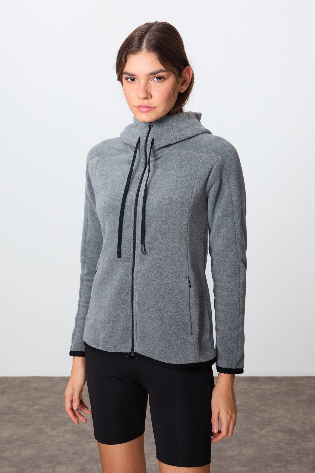 Grey Melange Thick Soft Textured Hooded Standard Fit Embroidered Fleece Women's Sweatshirt -97287