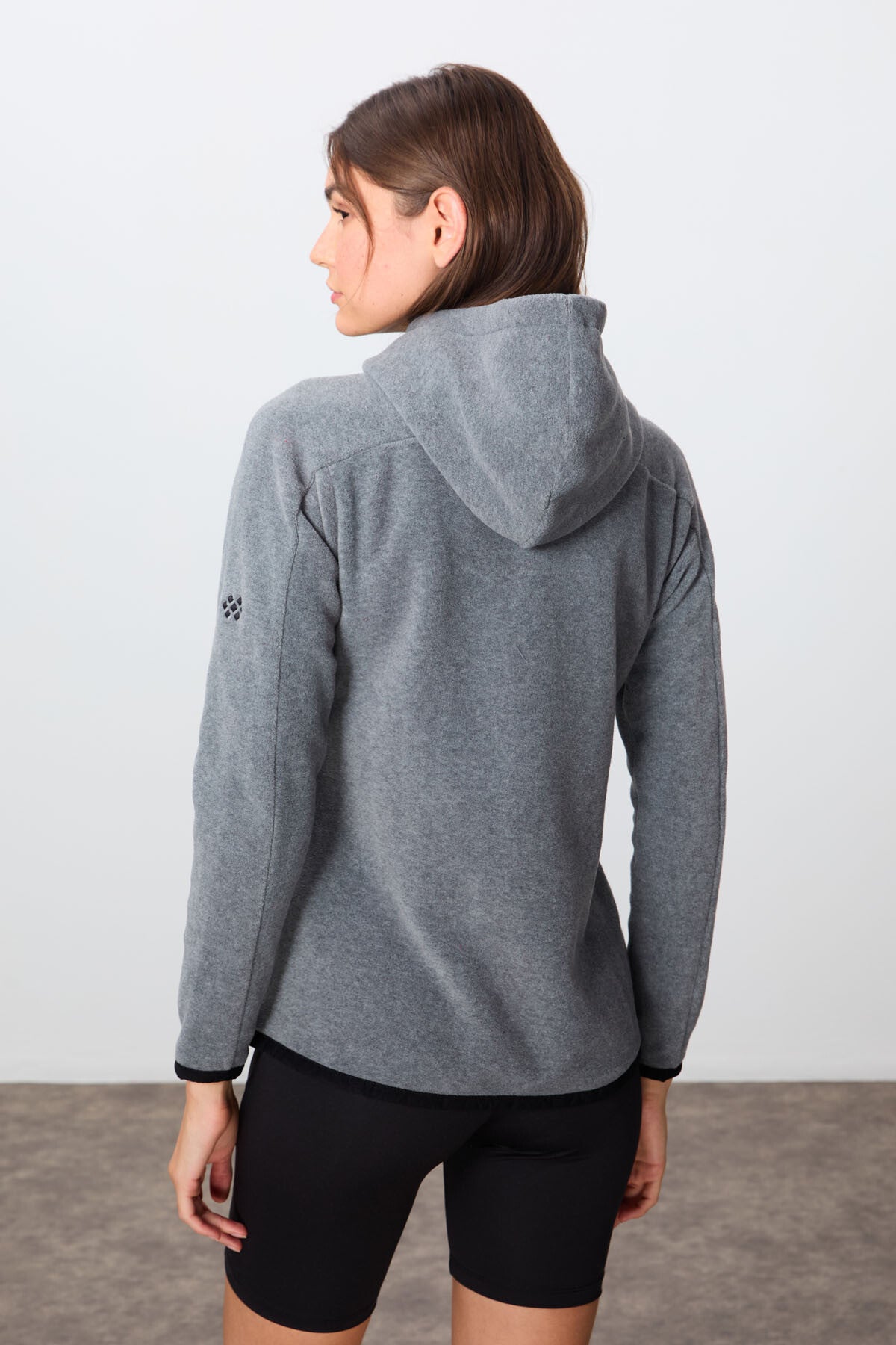 Grey Melange Thick Soft Textured Hooded Standard Fit Embroidered Fleece Women's Sweatshirt -97287