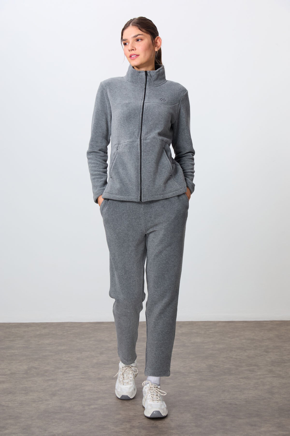Grey Melange Thick Soft Textured High Collar Oversize Embroidered Fleece Women's Tracksuit Set -95339