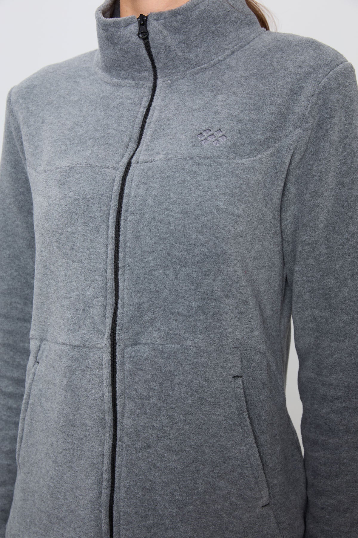 Grey Melange Thick Soft Textured High Collar Oversize Embroidered Fleece Women's Tracksuit Set -95339
